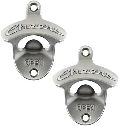 Luwanburg Wall Mounted Bottle Opener Cheers, Screw in Wall Beer Cap Opener Antique Silver (Pack of 2)