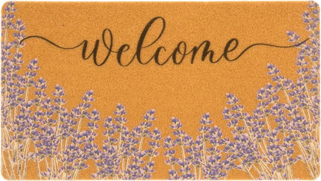 Lavender Welcome Mats for Front Door Outside Entrance, 17x30 Faux-Coir Spring Purple Floral Thin Cute Front Door Mat, Non-Slip Dirt-Trapping Porch-Rug for Garden, Patio (Purple Lavender)