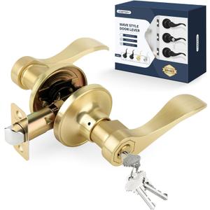 Wave Style Gold Door Handles with Lock and Key (Keyed Differently), Brushed Gold Keyed Entry Door Handle, Reversible Door Lever for Bedroom and Bathroom, Satin Brass,1 Pack