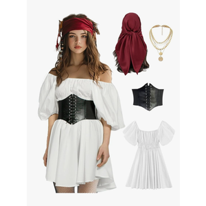 kasahara Womens Pirate Costume Outfit Sexy White Pirate Dress with Corset Necklace Bandana Headscarf Accessories 4pcs (No Size)