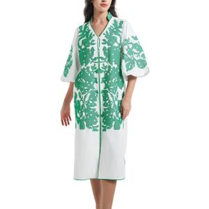 D-Sun Women Floral Embroidered Mid Dress 3/4 Sleeves Casual V-Neck Spring Summer Tunic Loose Zip Party Dress with Pocket (M)