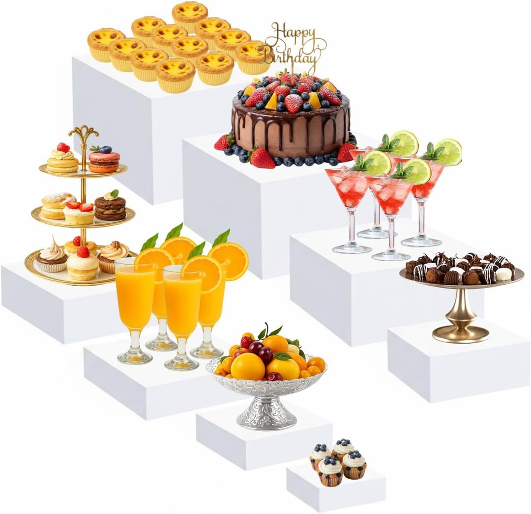 Geelin 8 Pack Acrylic Buffet Risers - 3 to 10 Inch Decorative Cube Boxes, Display Stands with Hollow Bottoms for Food Jewelry Table Display Supplies(White,Flat)