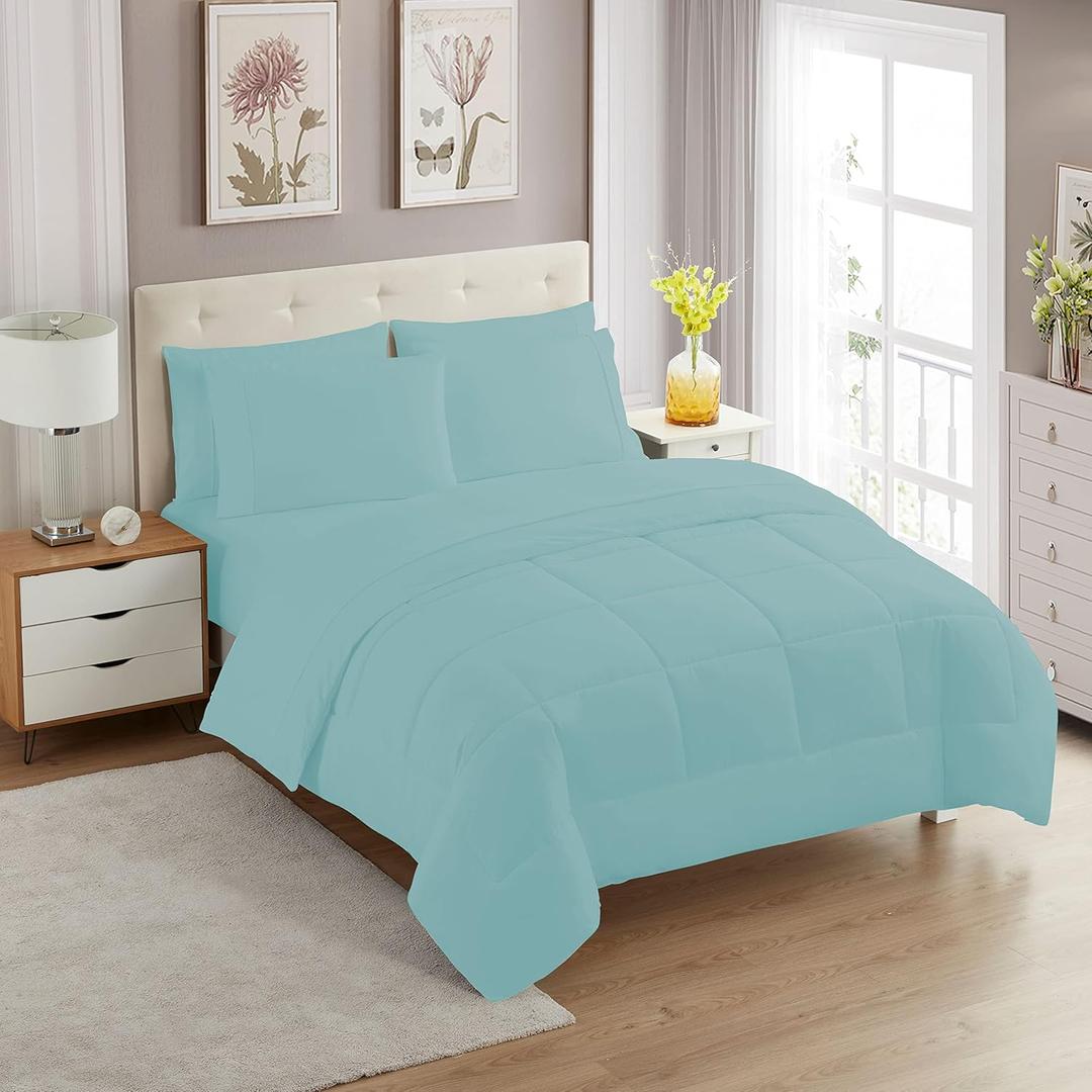 King Size Comforter Set with Sheets - 7-Piece Bedding Collection - 1 Comforter, 1 Fitted Sheet, 1 Flat, 4 Pillowcases - Deep Pocket - Soft & Premium Quality - Ideal for All Seasons, Misty Blue