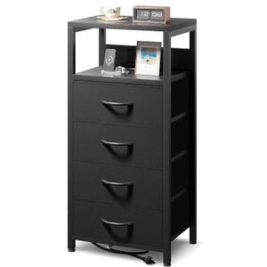 NightStand Bedside Charging Table Bedroom - Black Night Stand with Charger Station, Modern Bed Side End Table with Open Shelf & 4 Fabric Drawers, USB-C USB Ports & AC Outlets for Dorm Living Room NightStand Bedside Charging Table Bedroom - Black Night Stand with Charger Station, Modern Bed Side End Table with Open Shelf & 4 Fabric Drawers, USB-C USB Ports & AC Outlets for Dorm Living Room