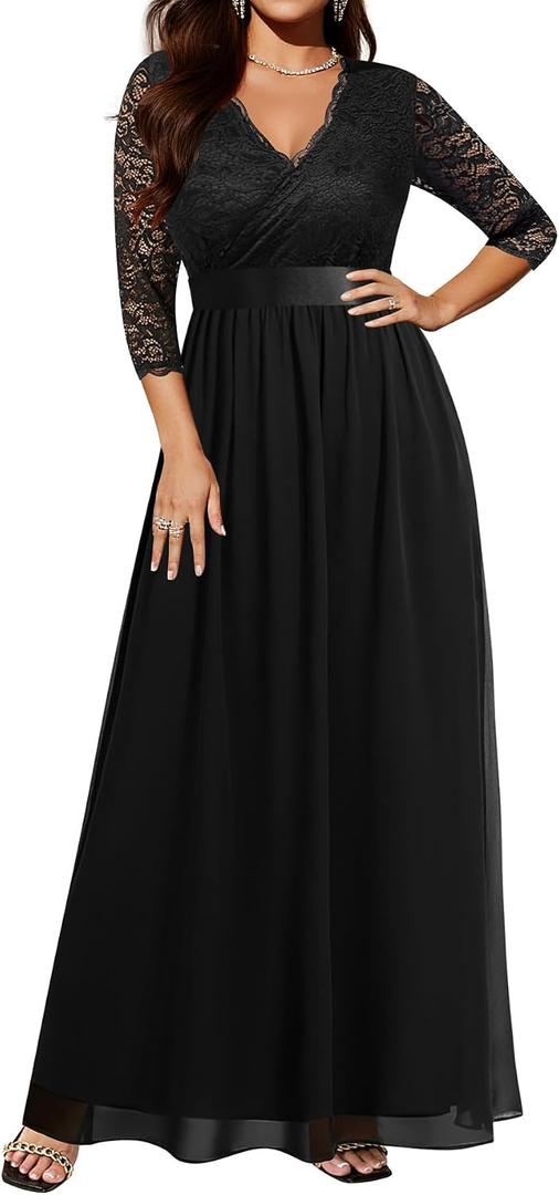 Pinup Fashion Wedding Dresses for Bride Plus Size - Formal Evening Gown Wrap Neck Lace Chiffon Long Dress (Black, XL)