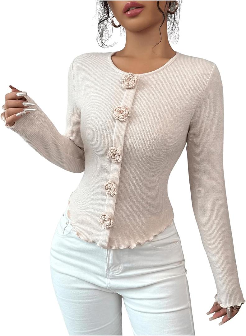 Women's Floral Applique Ribbed Knit T Shirt Long Sleeve Crewneck Slim Fit Lettuce Trim Elegant Top (S)