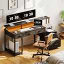 AODK 55 Inch Computer Desk with 3 Drawers and File Cabinet for Storage, Office Desk with Monitor Stand and LED Lights, Home Office Desks, Black