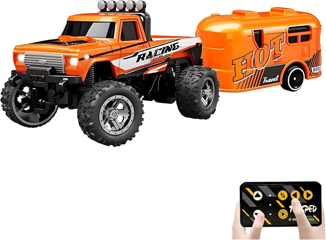 Mini Rc Truck, 1:64 Scale Monster Truck Remote Control Car with Lights, 2.4Ghz Mini Alloy Remote Control, Speed/Steering Adjustable (Orange)