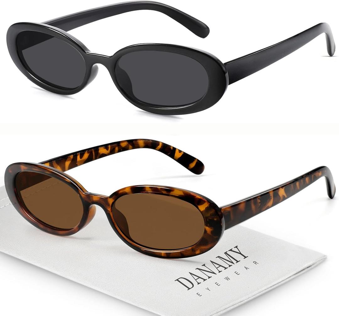 DANAMY Sunglasses Womens Retro Oval Sunglasses for Women Men Fashion Small Oval Sun Glasses 90s Vintage Driving Shades, One Size