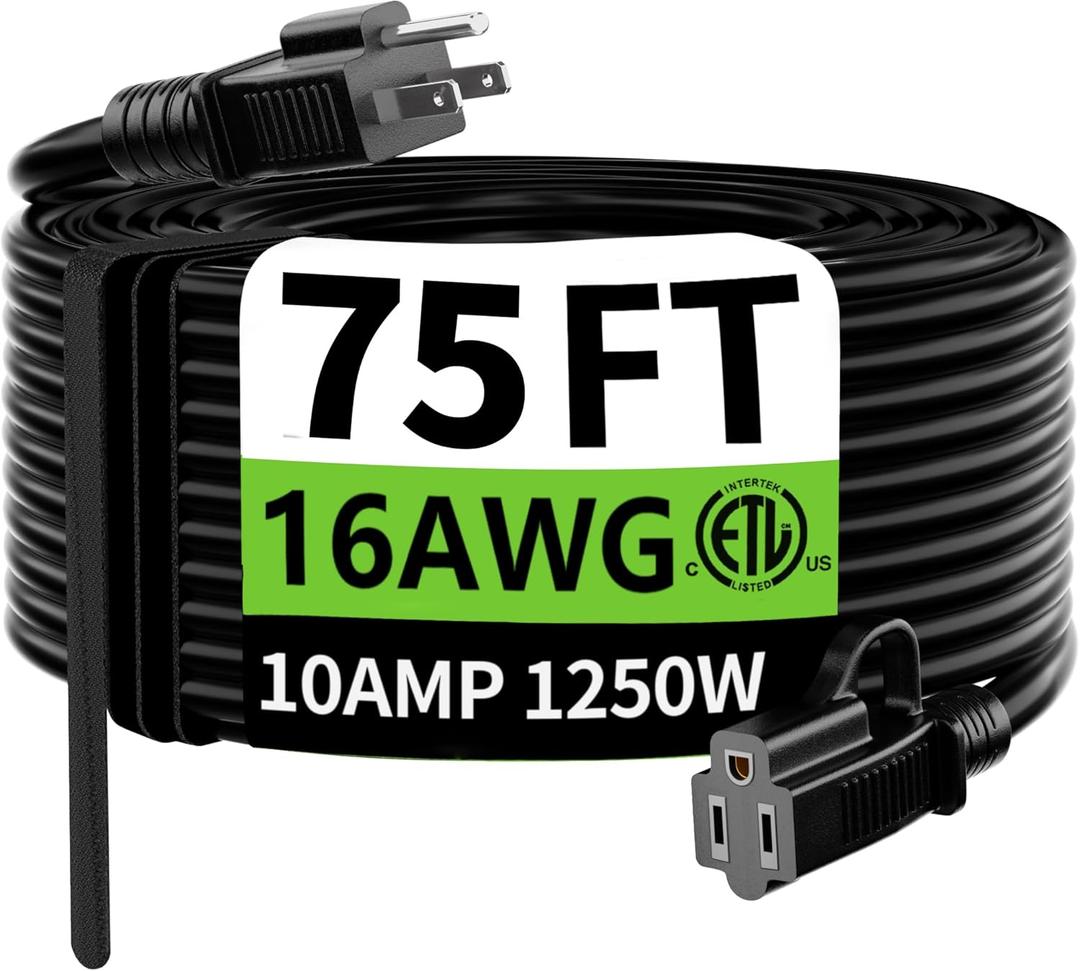 HUANCHAIN Indoor Outdoor Black Extension Cord 75 Ft Waterproof, 16/3 Gauge Flexible Cold-Resistant Appliance Extension Cable Outside, 10A 1250W 16AWG SJTW, 3 Prong Heavy Duty Electric Cord, ETL HUANCHAIN Indoor Outdoor Black Extension Cord 75 Ft Waterproof, 16/3 Gauge Flexible Cold-Resistant Appliance Extension Cable Outside, 10A 1250W 16AWG SJTW, 3 Prong Heavy Duty Electric Cord, ETL