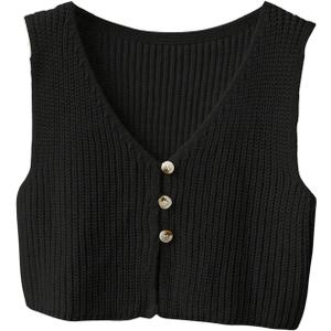 SweatyRocks Women's Button Front Sweater Vest Split V Neck Sleeveless Crop Knit Tops (Medium, Black)