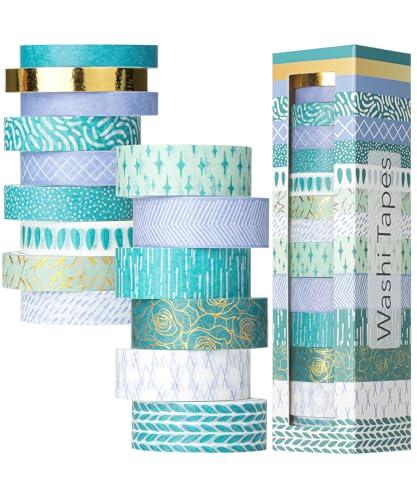 Mr. Pen- Washi Tape Set, 15 Rolls, 5 Yards/ Roll, Ocean Breez Design, Gold Foil Washi Tape for Journaling, (6 x 15mm, 6 x 10mm & 3 x 7mm Wide)