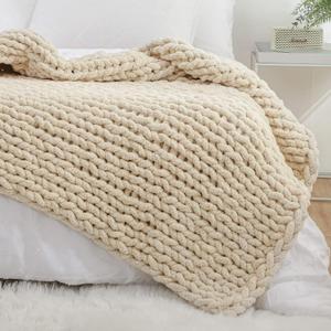 YAAPSU Chunky Knit Throw Blanket for Couch, 51"x63", 100% Hand Knitted Thick Cable Knit with Cozy Jumbo Chenille Yarn, Soft Large Rope Knot Crochet Blankets for Sofa Bed Living Room Dcor, Beige