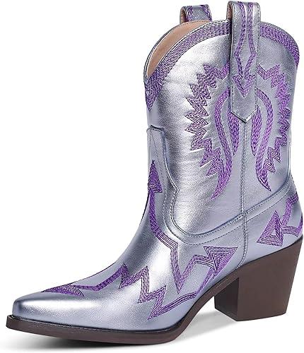 Western Boots for Women Metallic Embroidered Pointed Toe Cowgirl Boots Chunky Heel Pull-On Short Cowboy Boots Wide Calf Country Ankle Boots 10