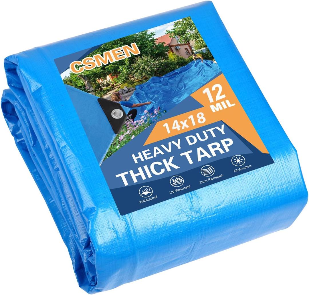 CSMEN Tarp Heay Duty Waterproof 14x18ft, Blue Tarp Cover Plastic Poly Tarpaulin for Outdoor Cover, Emergency Rain, Roof, Pool, Boat, Camping - Multipurpose with 11Mil Thickness CSMEN Tarp Heay Duty Waterproof 14x18ft, Blue Tarp Cover Plastic Poly Tarpaulin for Outdoor Cover, Emergency Rain, Roof, Pool, Boat, Camping - Multipurpose with 11Mil Thickness