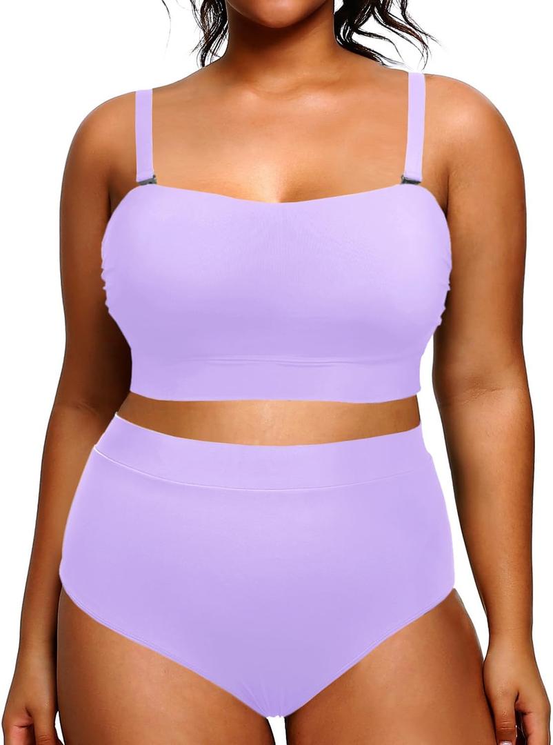 Tempt Me Women Plus Size High Waisted Bikini Bandeau Two Piece Swimsuit (Lavender, 14 Plus)