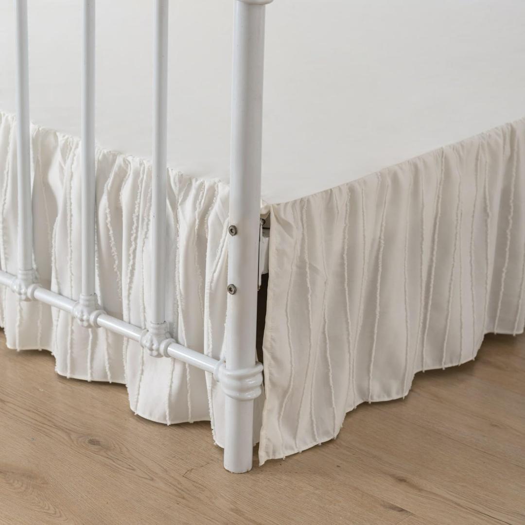 Striped Tufted Bed Skirt King Size, Ruffled Bed Skirts with Split Corners, King Bed Skirt 18 Inch Drop, Striped, Ivory, 18" King