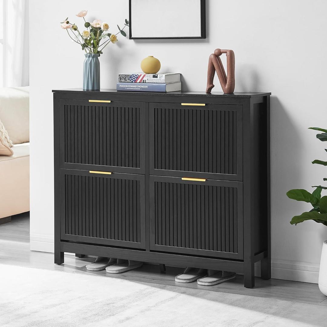 4 Flip Drawers Shoe Cabinet Storage for Entryway, Narrow Hidden Wood Shoes Organizer Cabinet Front Door Entrance Thin Free Standing Front Door Shoe Rack Storage for Entryway, Black, Large 