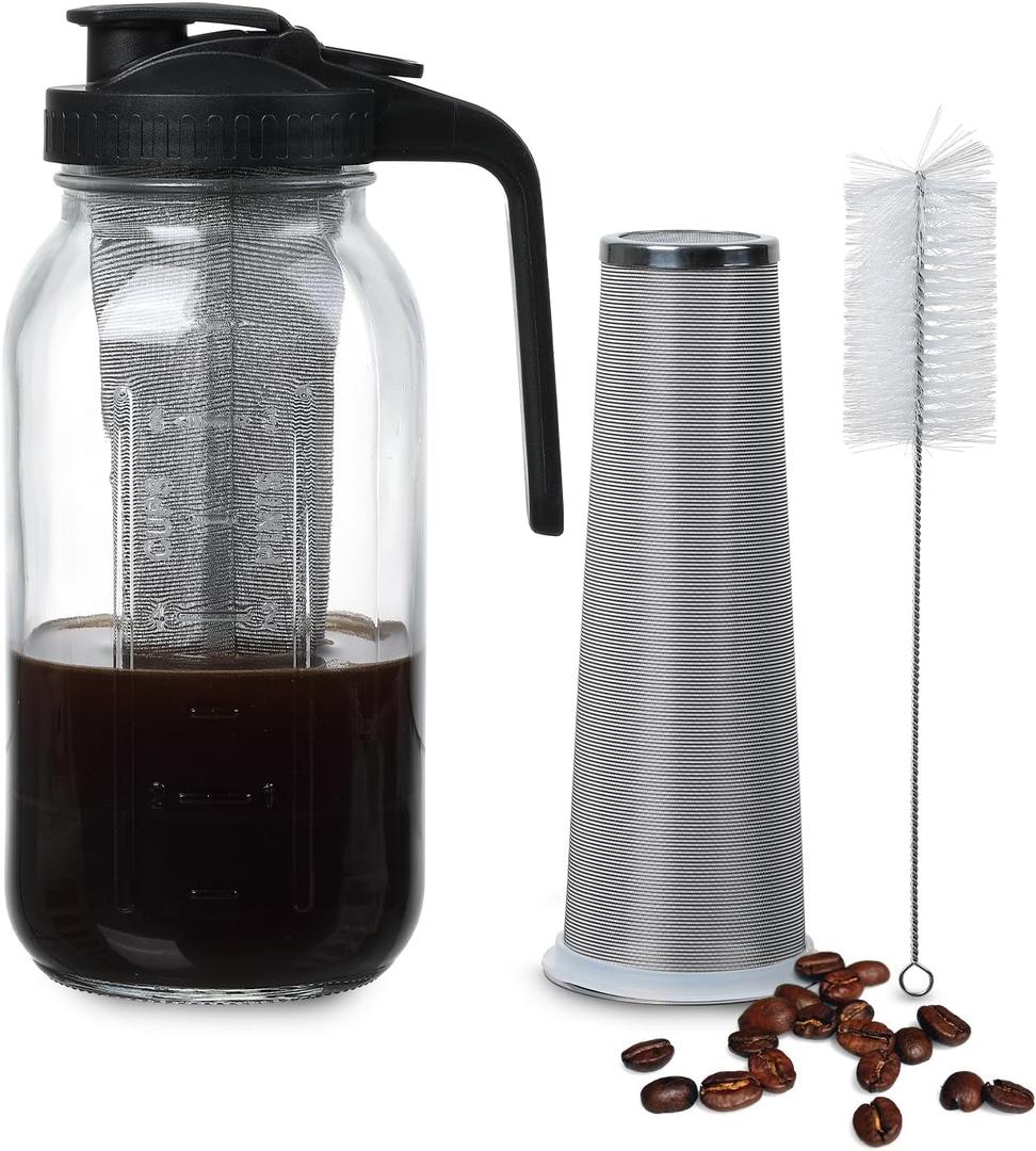 Novelinks 64 OZ Glass Pitcher with Lid, Wide Mouth Mason Jar Pitcher with Filter, Leak-proof Water Jug for Juice, Milk,iced Coffee Lemonade Tea (Black)