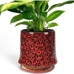 11 Inch Ceramic Planter Pot with Saucer Drainage Leak-Proof Mesh,Flower Pots for Lavender with Gardening Gloves,Ceramic Planter for Orchid(Spotted Red)