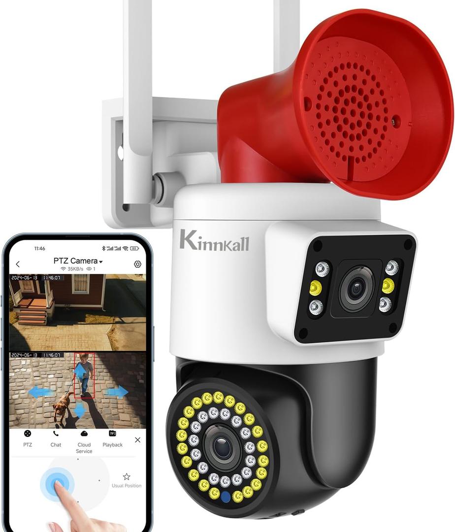 4MP Dual Lens Outdoor Security Camera with Night Vision & Floodlight, 355 Pan/Tilt Motion Tracking, 2.4GHz WiFi, SD/Cloud Storage, IP66 Waterproof, 2-Way Audio, Works with Mobile Apps & PC