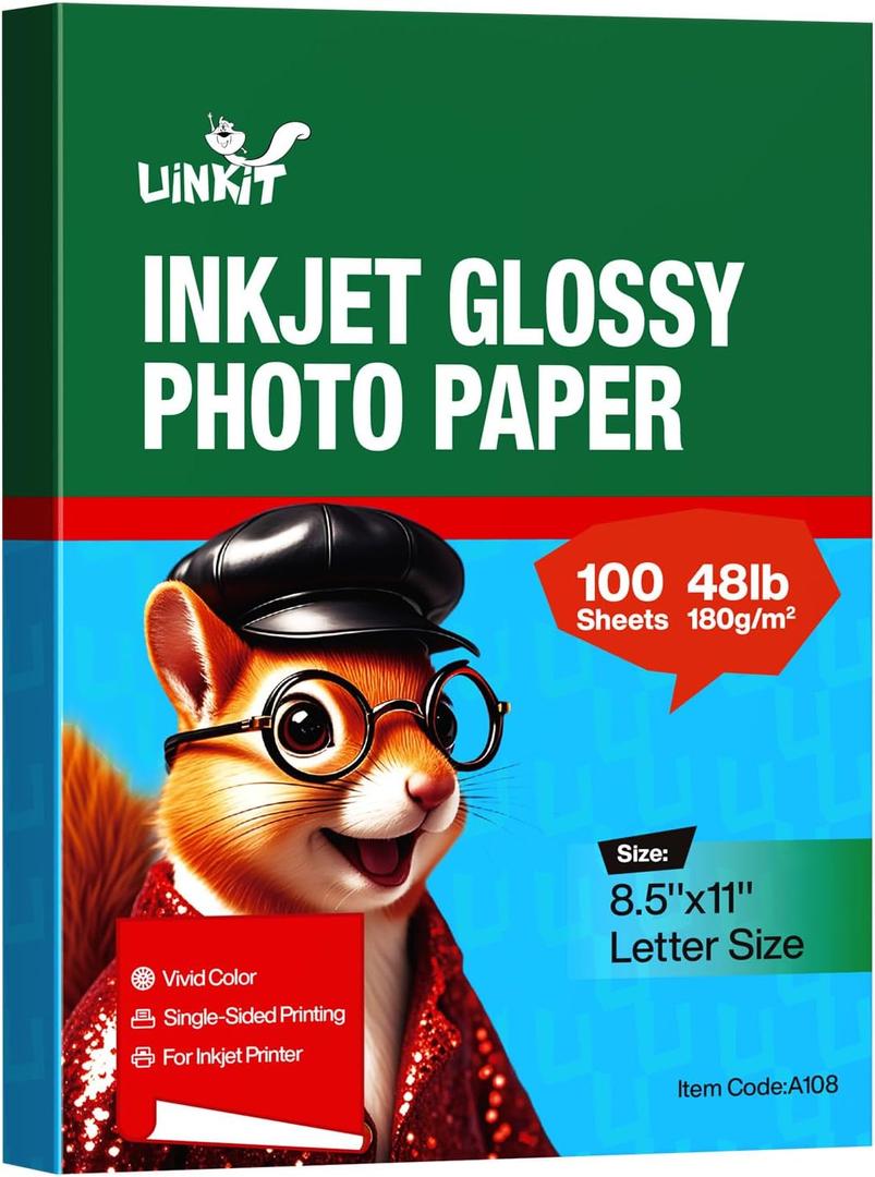 Uinkit 100 Sheets Inkjet Photo Paper Glossy 8.5x11 48lb 180Gsm Professional Photographic Paper Letter Size 8.5Mil Instant Dry Suitable for All Ink Printers
