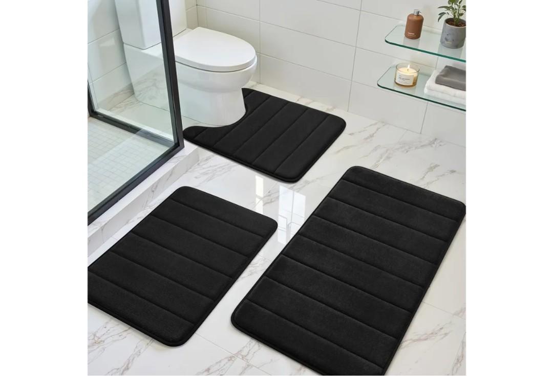BYSURE Black Memory Foam Bathroom Rug Set 3 Piece, Non Slip Extra Soft Absorbent Washable & Dry Toilet Bath Mat Sets