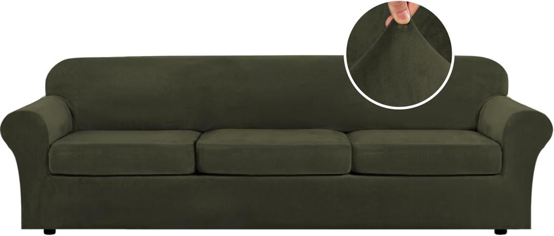 H.VERSAILTEX Modern Velvet Plush 4 Piece High Stretch Sofa Slipcover Furniture Protector Form Fit Velvet Extra Large Sofa Cover for 3 Cushion Couch Width Up to 105 Inch (XL Sofa, Olive)