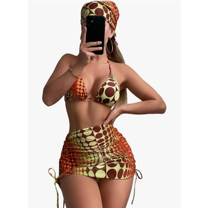COZYEASE Women's 4 Piece Swimsuits Sexy Bikini Sets Triangle Bathing Suit with Mesh Cover Up Beach Skirt & Bandana Multicolor S