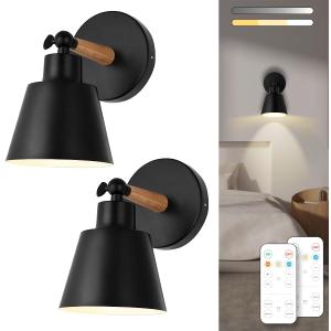Black Battery Operated Wall Sconce Set of Two, Easy to Install Wireless Lights for Wall, Remote Control Dimmable LED Lights, Auto Timer Wall Lamp Fixtures for Bedroom, Gallery, Living Room, RV