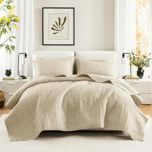 Comfort Spaces Kienna Quilt Set-Luxury Double Sided Stitching Design Summer Blanket, Lightweight, Soft, All Season Bedding Layer, Matching Sham, Ivory, Coverlet King (104"x90") 3 Piece