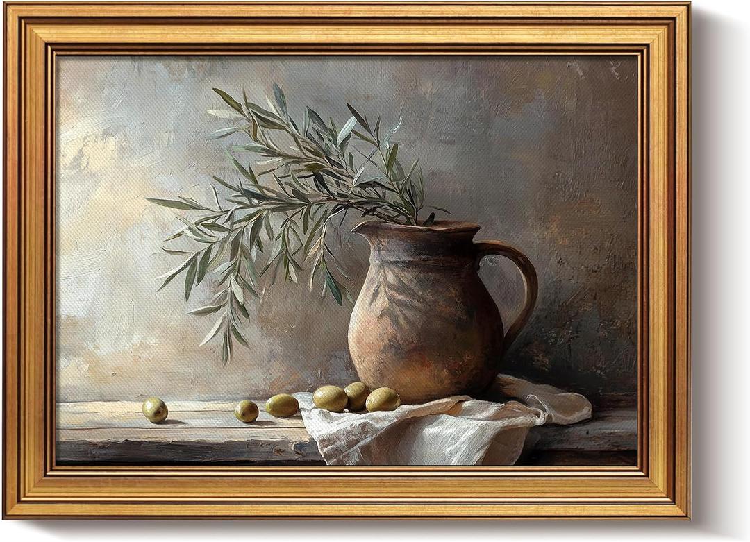 Bzstyleart Vintage Wall Art Decor, Gold Framed Wall Art 12 x 16 Inch Pottery Jar Olive Branch for Office, Canvas Picture Print Painting for Bedroom Living Bathroom Dorm