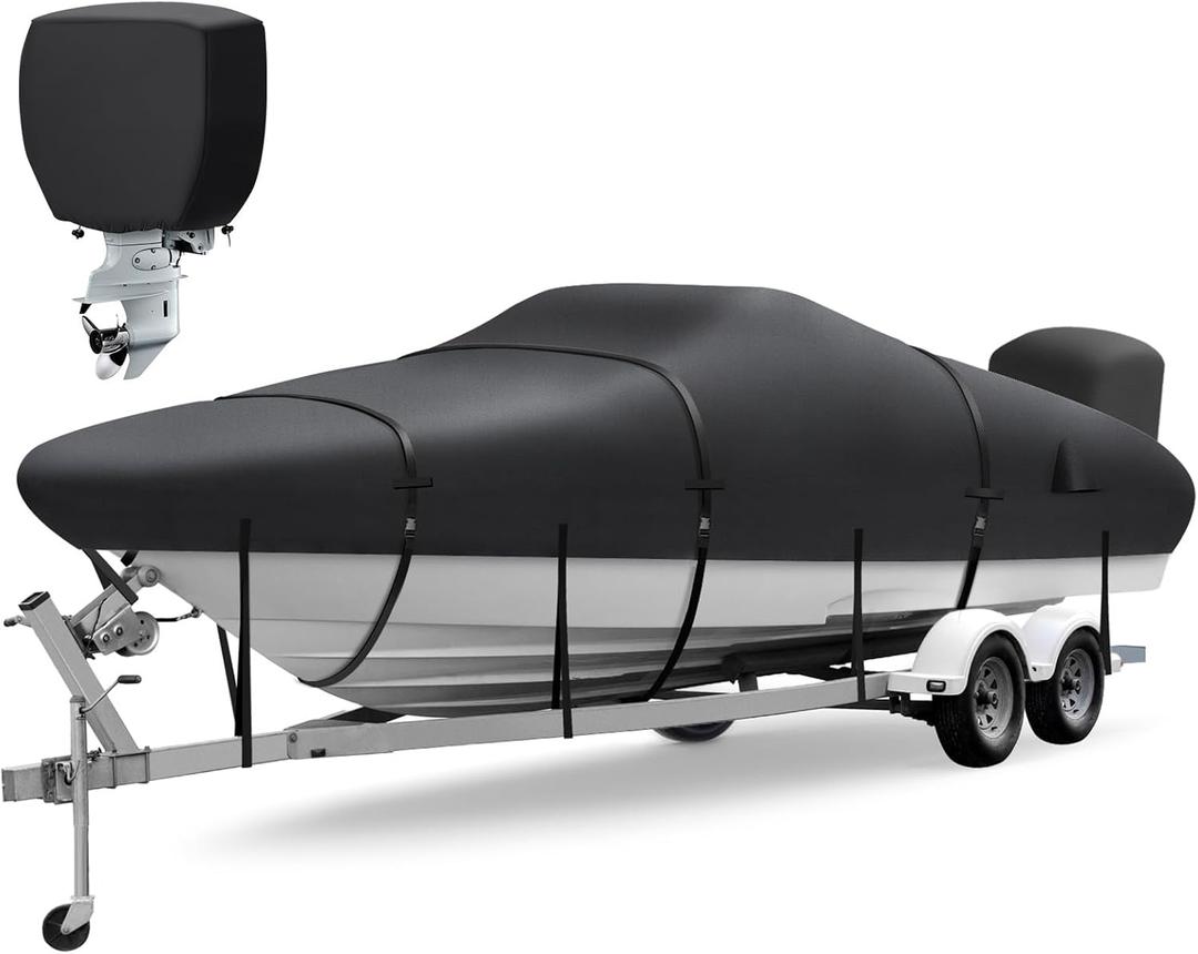 Boat Cover 14-16 ft, Upgraded 1800D Boat Cover, 6000Pa Waterproof Heavy Duty Boat Covers with Motor Cover Fits BassBoat, V-Hull Tri-Hull Boat, Runabout Bowrider, 14' 15' 16', Black