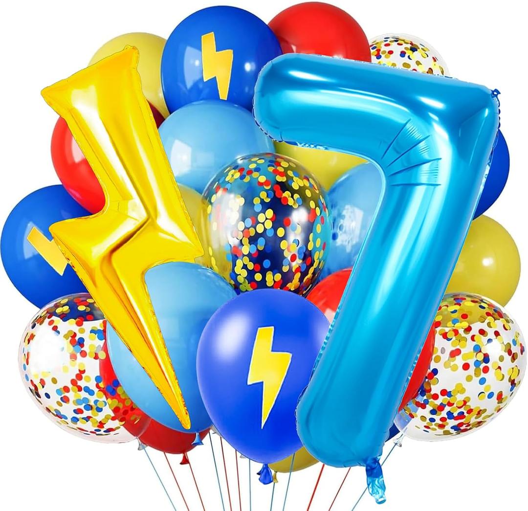 Red Blue Yellow Balloons, 40 Inch Blue 7 balloon number Lightning Bolt Balloon Confetti Balloons for Toy Carnival Party Decorations 7th Birthday Decorations for Boys (Blue 7)