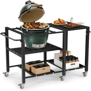 Outdoor Grill Table for Big Green Egg, Suitable for Various Sizes of Green Egg Nest Grill Racks,BBQ Cart with Lockable Wheels, Storage Rack Bottle Opener-Prep Cooking Station for Party, Black.
