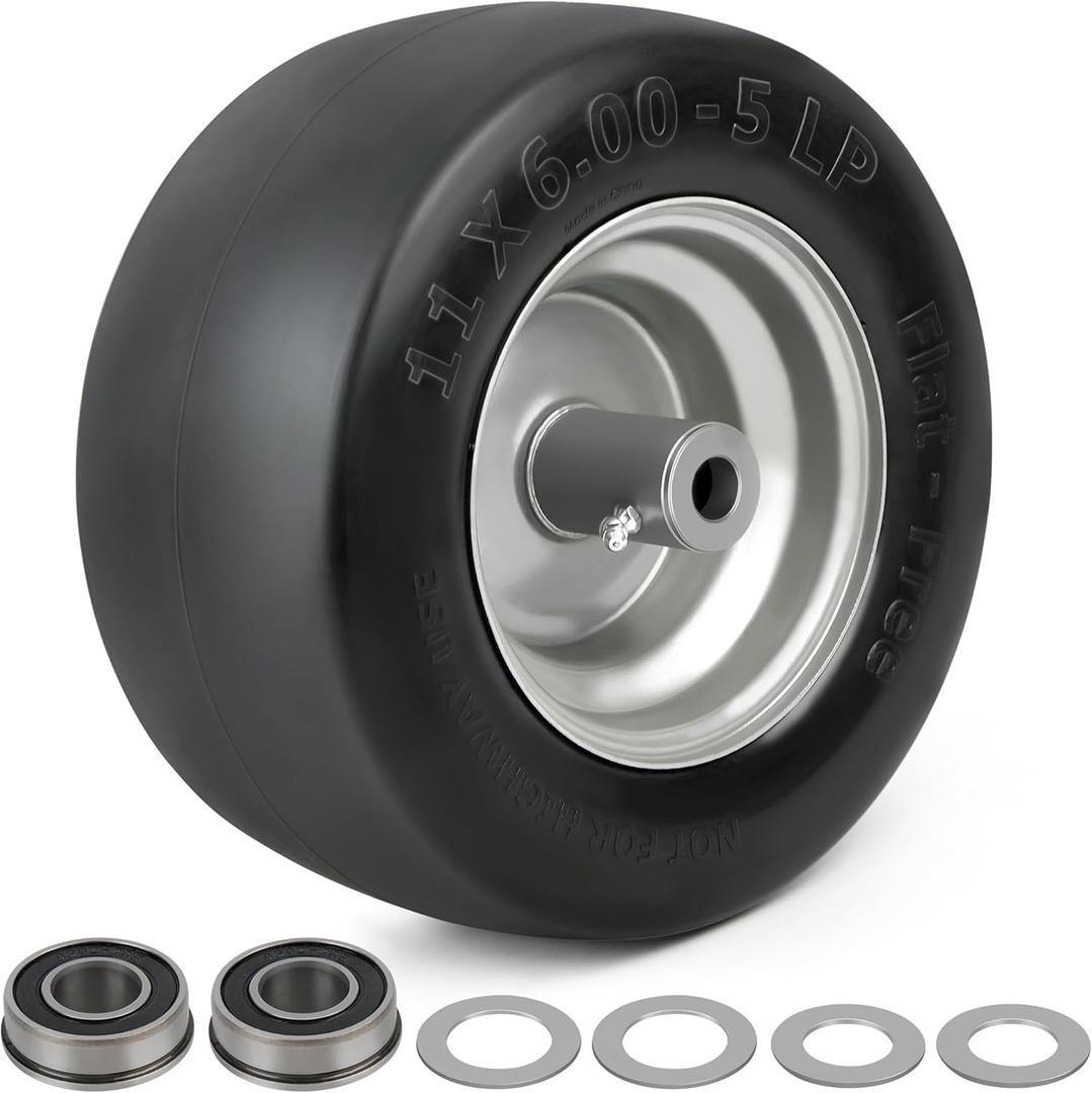 LotFancy 11x6.00-5 Flat Free Lawn Mower Tire and Wheel, 3/4" or 5/8" Bushings, 5 7/8" Centered Hub, Smooth Tread Tire for Zero Turn Mowers