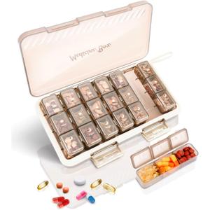 Pill Organizer 3 Times a Day, Cisrgo Weekly Pill Box, Large 7 Day Pill Organizer, Portable Family/Travel Medicine Case for Pills, Vitamins, Fish Oil and Supplements, Brown