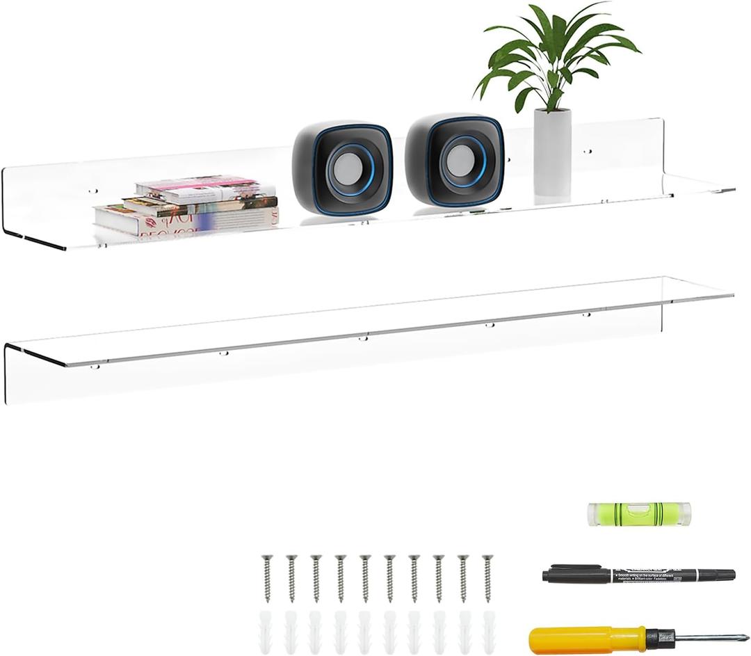 36 Inches Acrylic Wall Shelves 2 Pack, Floating Shelf for Wall Mounting, Acrylic Display Ledges for Funko Pop Figures, Home Dcor, Living Room, Gaming Room, Plants(36 inch, Clear)