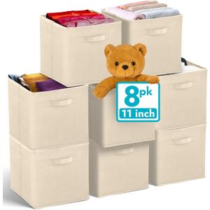 Reli. 11 Inch Cube Storage Bins (8 Pack) | Cube Organizer Bins | 11x11 Fabric Storage Boxes | Collapsible, Foldable Fabric Cubby Box (Square) | Kids Room Organization (Beige)