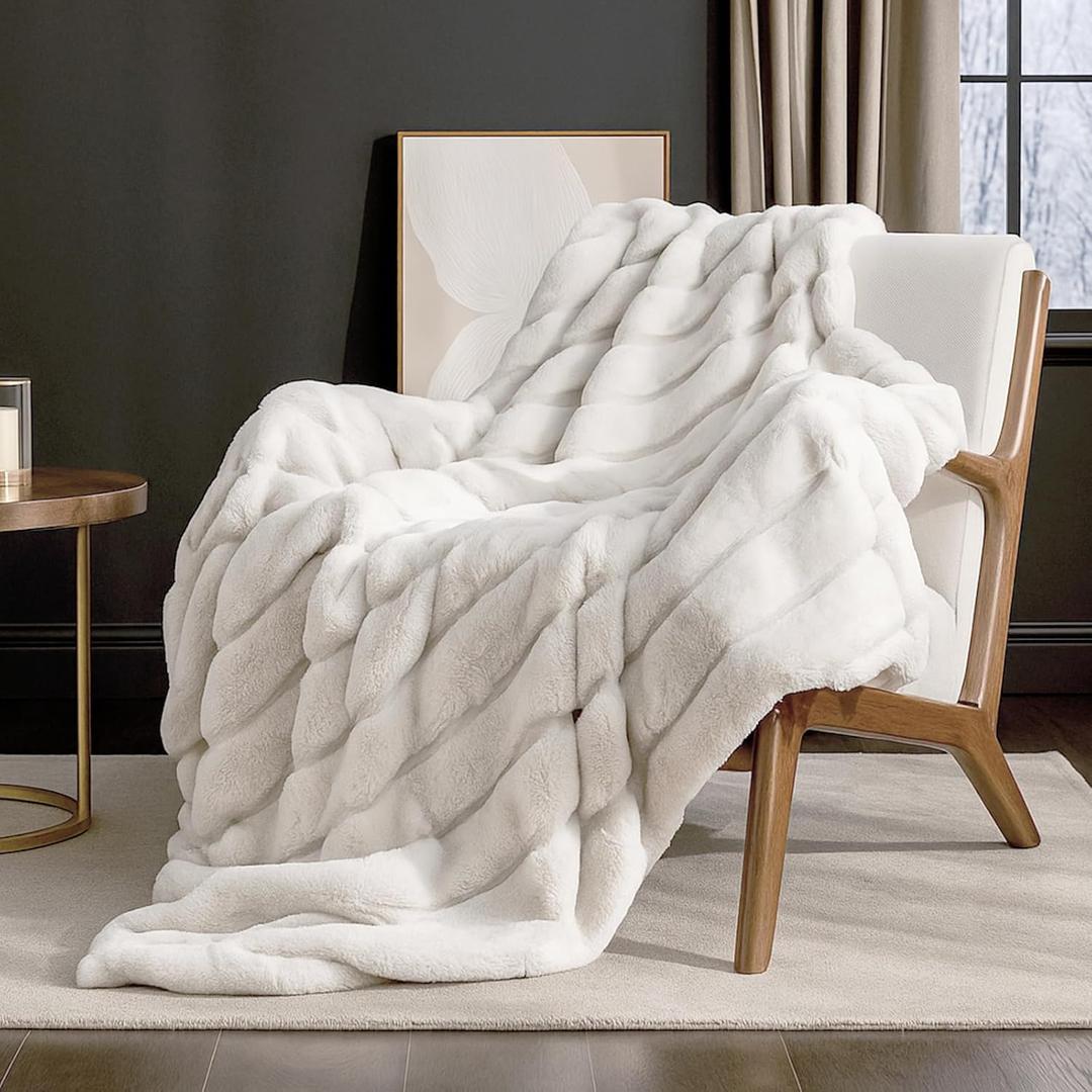 Cozy Bliss Deluxe Sheared Rabbit Faux Fur Throw Blanket, Soft Fuzzy High-Low Sculpted Plush Blanket for Couch, Cozy Home Accent, All Season Use, Beige 50"x60"