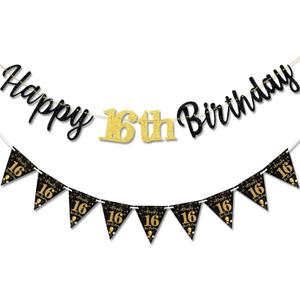 16th Birthday Decorations Banner Boys Girls, Black Gold Happy 16thBirthday Banners for Girls Boys (Birthday 16th)