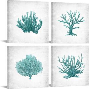 Apicoture Coral Canvas Wall Art for Bathroom Decor - Set of 4 Teal Coral Wall Decor Panels, Modern Artwork for Bedroom or Office, 12x12 Inch Each