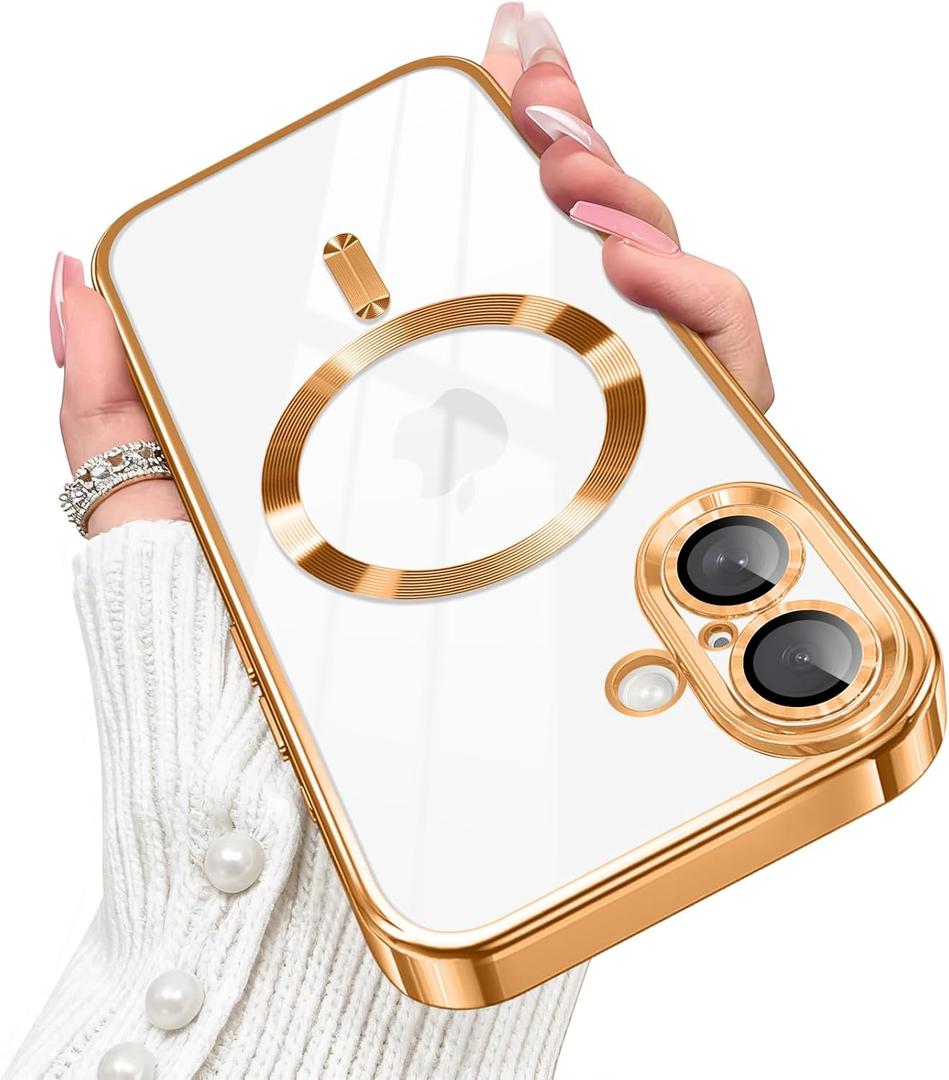 Designed for iPhone 17 Case Magnetic, Compatible with Magsafe, Camera Control Button, Camera Lens Protector, Clear Soft TPU Plated Phone Case for iPhone 17, Gold