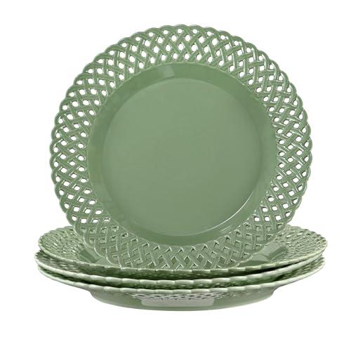 Graceful Basketweave Wide Rim 12 inch Dinner Plates, Extra Large Round Platter Scallop Serving Tray Set of 4, for Restaurant, Kitchen, Party, Home, Wedding, Gift, Microwave Dishwasher Safe, Sage Green