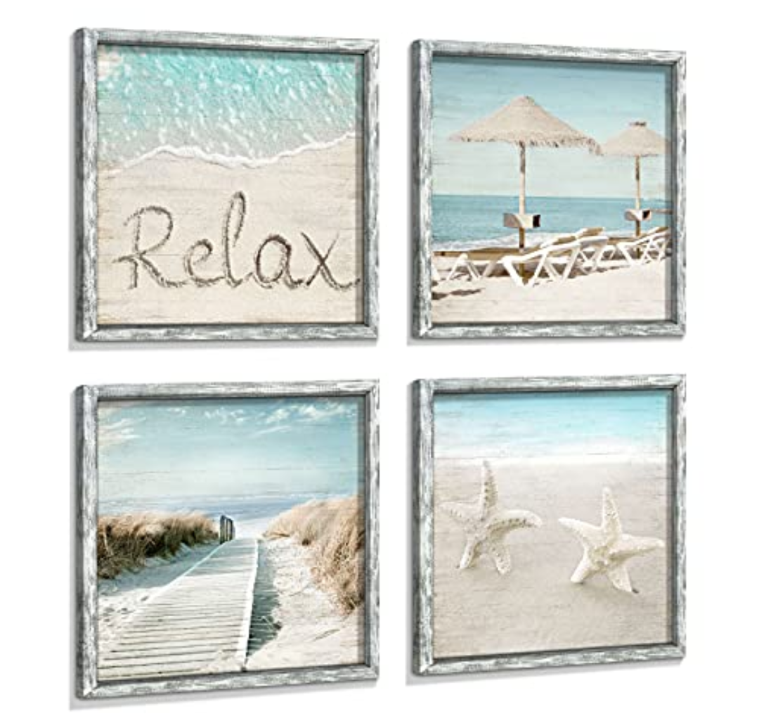 Ocean Framed Wood Wall Art: Beach Picture Seascape Artwork Coastal Prints Starfish Boardwalk Art Collection Wall Decor Set of 4 for Bathroom