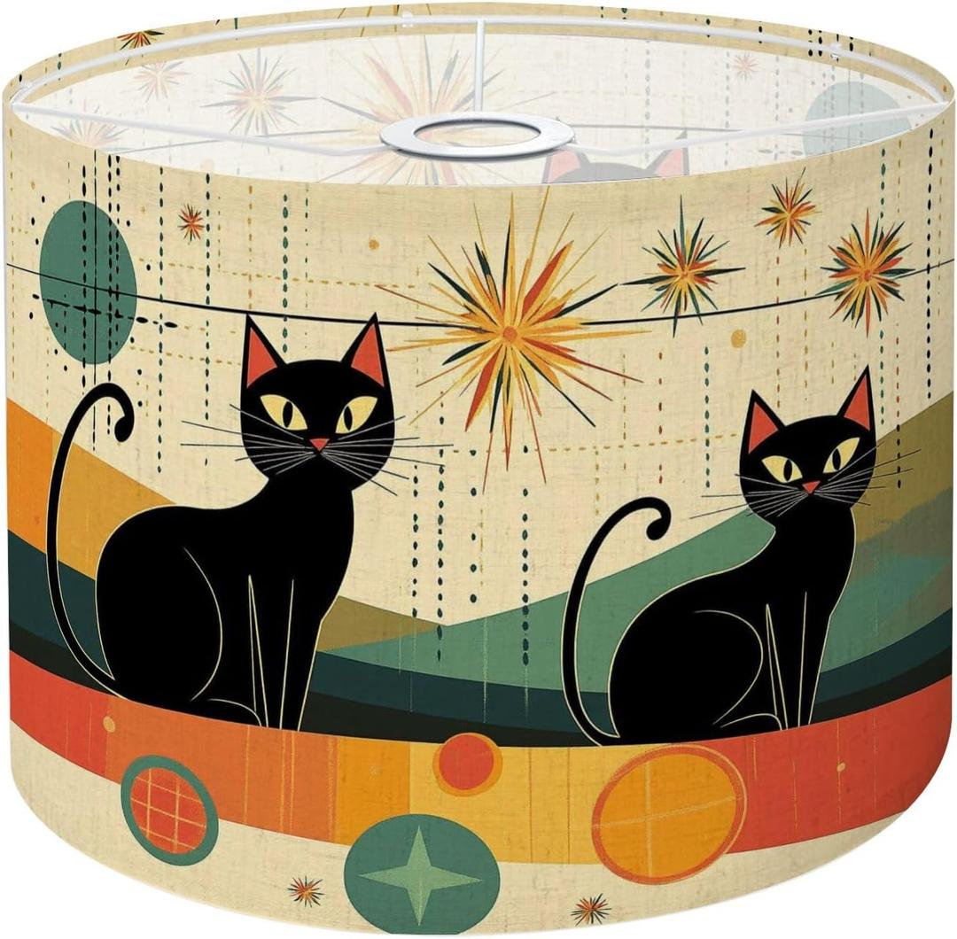 Drum Lamp Shade Mid Century Black Cat Retro Atomic Starburst Modern Abstract Geometric Lampshade for Floor Lamps Table Lamps Pendant Light 8.9"x11" Linen Lampshades Replacement Large Lamp Shade