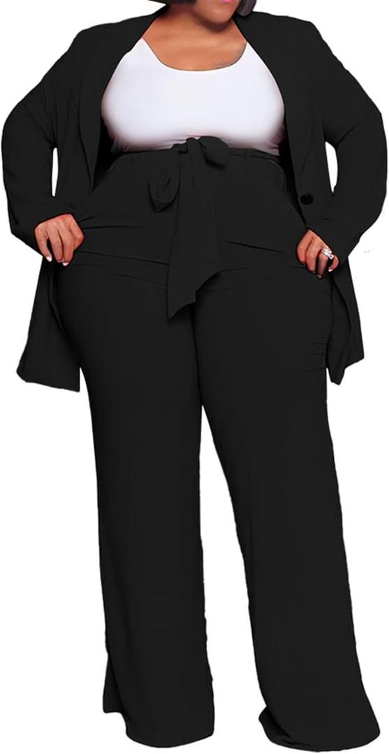 IyMoo Plus Size Suits for Women Business Open Front Long Sleeve Blazer Elastic Waist Solid Straight Leg Pant Set Suits (XX-Large Plus, Black)