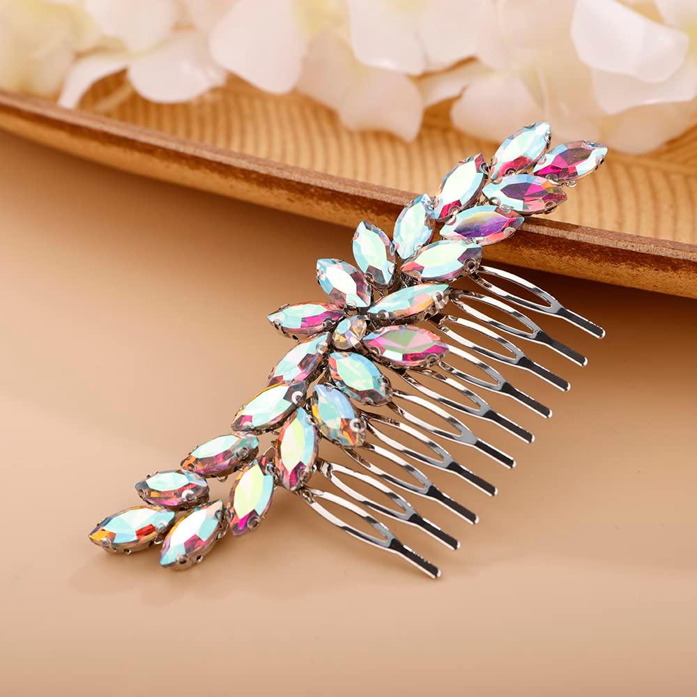AB Color Crystal Hair Comb Slide for Brides Wedding Handmade Hair Accessories for Women Girls Pink 9
