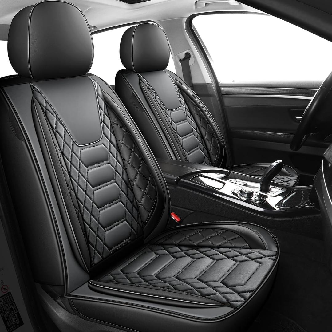 FREESOO Universal Front Seat Covers Leather Airbag Compatible Black Grey