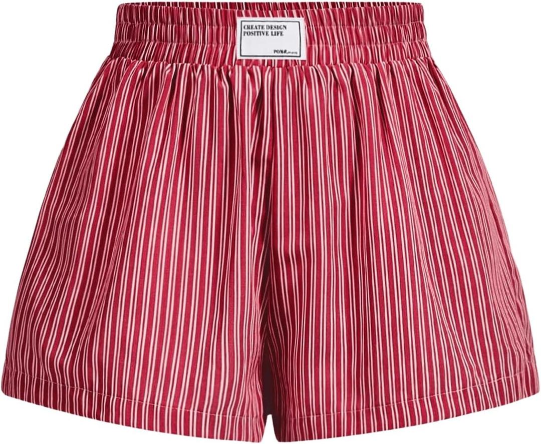 WDIRARA Women's Stripe Print Mini Shorts High Waist Elastic Loose Shorts Stripe Red White Small